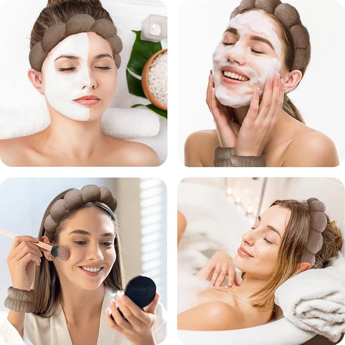 Spa Headbands for Washing Face Wristband Set Sponge Makeup Skincare Headband Wrist Towels Bubble Soft Terry Towel Cloth Hairband for Women Puffy Headwear Non Slip Thick Thin Hair Headwear (Brown)