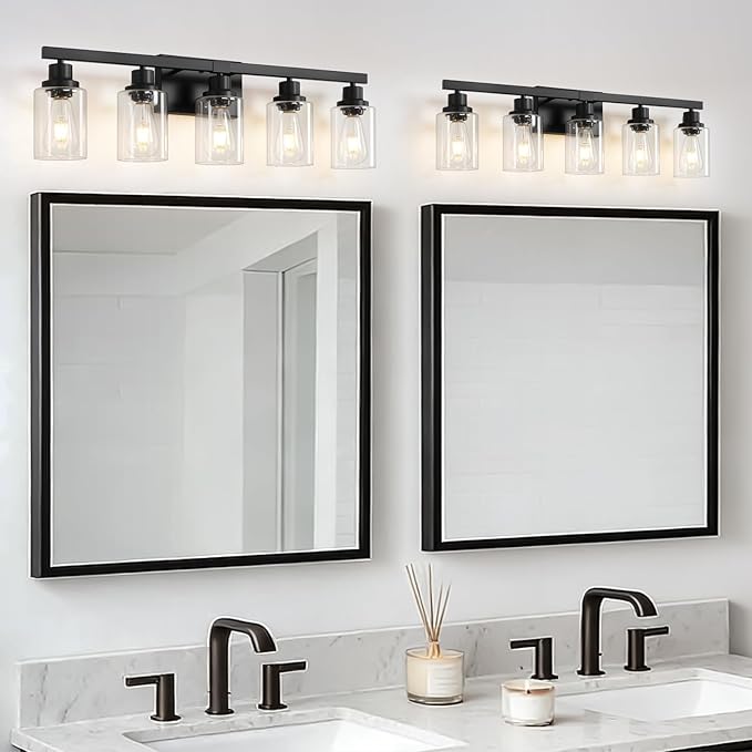 5-Light Black Bathroom Vanity Light, Modern Vanity Lighting Fixture for Bathroom, 31" Matte Light Fixture, Wall Sconces with Clear Glass Shade, Black Bathroom Wall Light Over Mirror