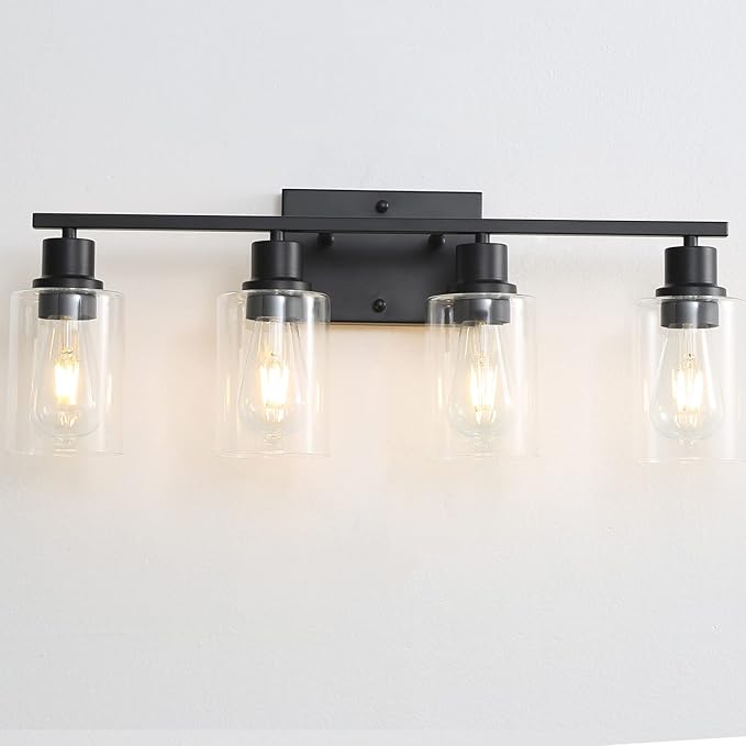 Bathroom Vanity Light Fixtures, 4-Light Matte Black Bathroom Lights, Wall Sconces with Clear Glass Shade for Hallway Farmhouse Bedroom Living Room