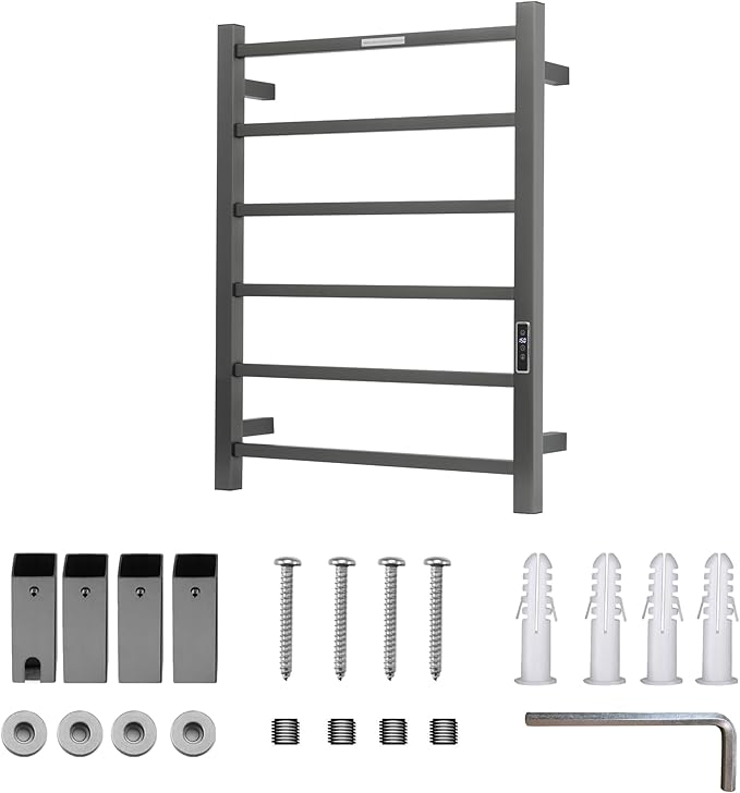 Heated Towel Racks for Bathroom, Wall Mounted Electric Towel Warmer Racks with Timer & Temperature Control, Stainless Steel Towel Heater for Bathroom (Square-Gunmetal Grey 6 Bars)