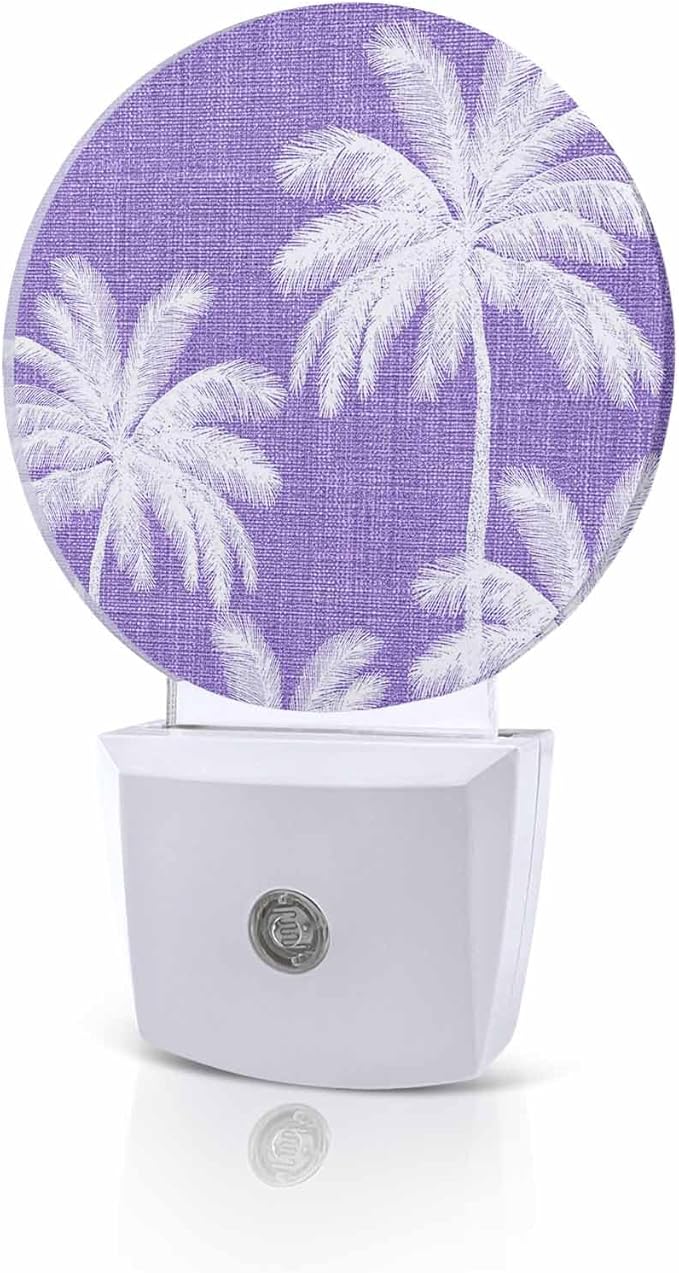 Night Lights Auto Sensor Tropical Palm Trees Night Light Purple Linen Coastal Round Lamp Plug-in LED Nightlights Dusk to Dawn for Living Room Bedroom Bathroom Hallway Wall Decor