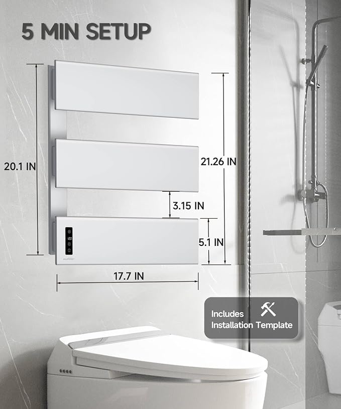 Towel Warmers for Bathroom, Heated Towel Rack Wall Mounted, 21.6" X 17.7" Smart LED Control, Built-in Timer & Temperature, Max 140°F, Plug-in, Fast Heating, Silver