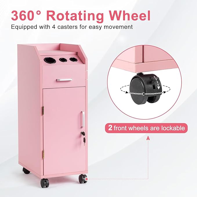 Modern Styling Station Cart for Hair Stylist,Wooden Hair Salon Station Storage Cabinet,Beauty Salon Storage Equipment,Beauty Spa Tool Organizer,with Wheels,for Barber Shop, Home, Bathroom (Pink)