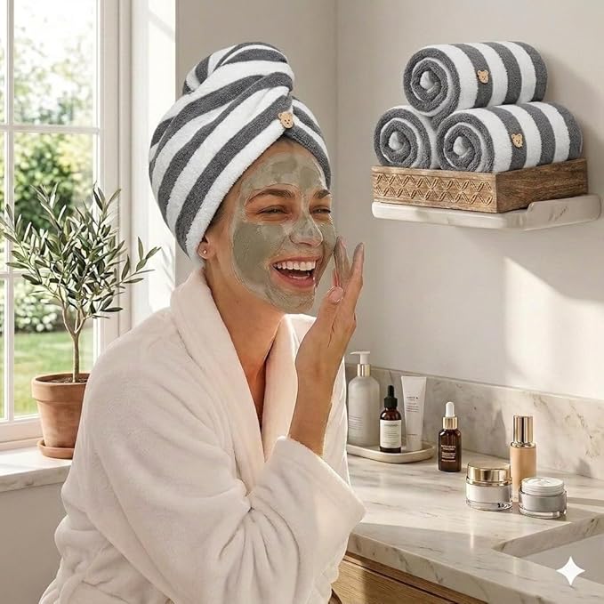 3 Pack Microfiber Hair Towel Wrap for Women, Fast Drying Hair Turban with Button, Anti-Frizz Large Hair Towel for All Hair Styles, Soft & Absorbent Hair Drying Towel