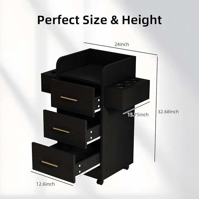 4ever2buy Rolling Salon Station for Hair Stylist, Salon Trolley Cart with with Wheels, Hair Stylist Beauty Barber Station, 6 Hair Dryer Holders & 3 Drawers, Black and Gold