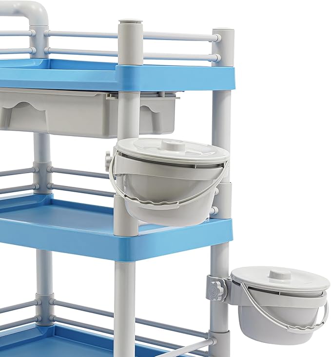 Salon Storage Cart, 3 Tier Rolling Beauty Organizer with 2 Garbage Baskets & 1 Drawer, 80kg/176.37lbs Capacity, Movable Storage Trolley for Beauty Salon SPA (Blue)