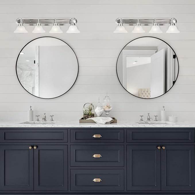 Design House 519215 Millbridge Vanity Light Dimmable with Frosted Glass for Above Bathroom Mirror, Satin Nickel, 4-Light