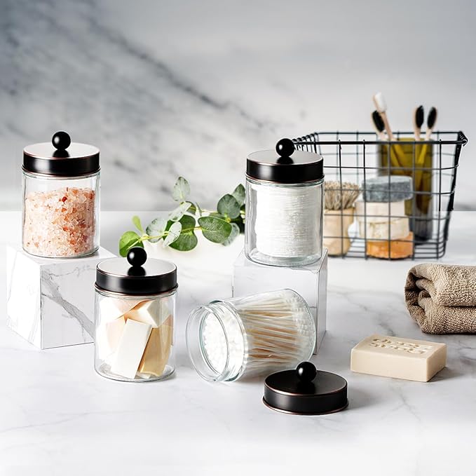 Amolliar 6 Pack Apothecary Jars Bathroom Vanity Organizer- Rustic Farmhouse Decor Storage Canister with Stainless Steel Lids- Qtip Dispenser Holder for Cotton Swabs, Rounds,Ball, Flossers (Bronze)