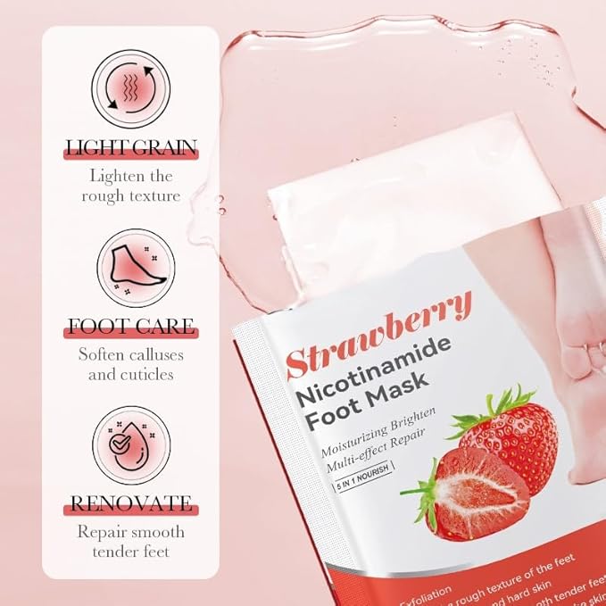 6-Pack Strawberry Nicotinamide Hand & Foot Mask (3 Hand/3 Foot,) - Home Spa Experience with PAS for Hands & Feet - Hydrating & Moisturizing, Strawberry Scent for Dry Rough Skin