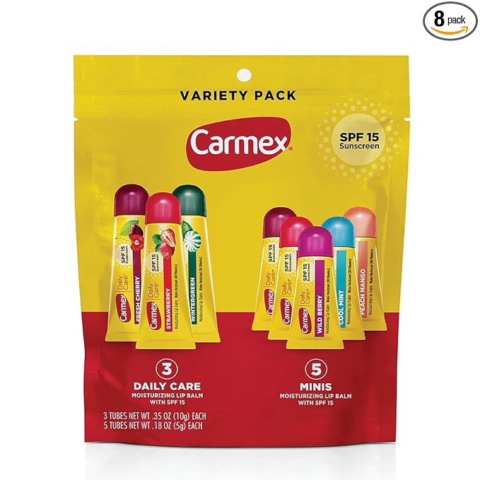 Carmex Daily Care and Daily Care Minis Moisturizing Lip Balm Pack, SPF 15, Multi-Flavor Lip Care Variety Pack Bag, 8 Count (3 Tubes, 5 Mini Tubes)