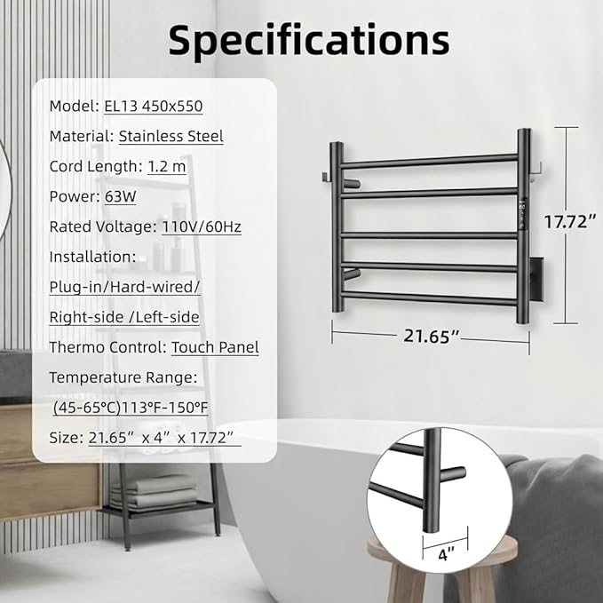 P&Dlusir Towel Warmer, Heated Towel Rack with Smart Timer and Thermo Control, Wall-Mounted Heated Towel Rail, Stainless Steel, Hard-Wired/Plug-in, Matte Black, 5 bar