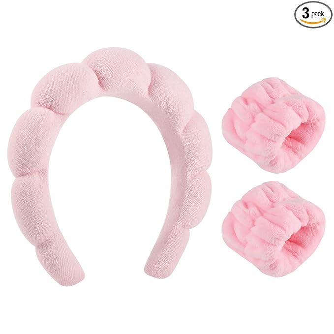 WSICSE Sponge Pink Spa Headband for Washing Face, Skincare Headbands Puffy Padded Keep Hair Dry Get Ready Hairband Spa Gifts for Mom