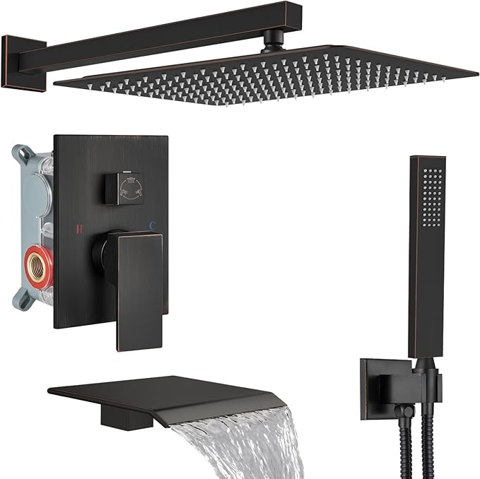 Midanya Shower System with Tub Spout,Bathtub Shower Faucet Set with Square Rainfall Head and Handheld Sprayer Wall Mount Tub Faucet Set with Valve and Trim Kit,16 Inch Oil Rubbed Bronze