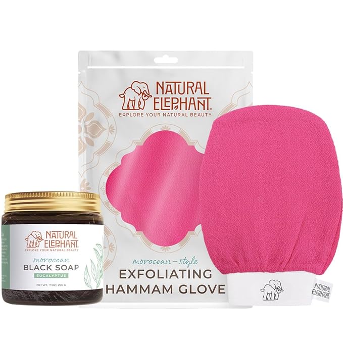 Natural Elephant Moroccan Black Soap 200g (7oz) and Exfoliating Hammam Glove Combo (Pink Tulip)