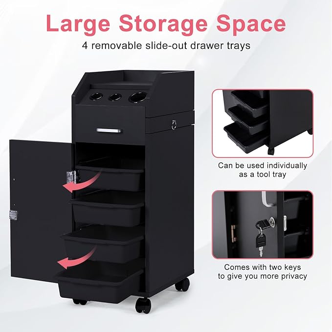 Winado Hair Salon Storage Cart with Wheels & 3 Hair Dryer Holders & 4 Drawers & Lock & 2 Keys, Hairdressing Tools Station Mobile Makeup Case, SPA Utility Trolley (Black)
