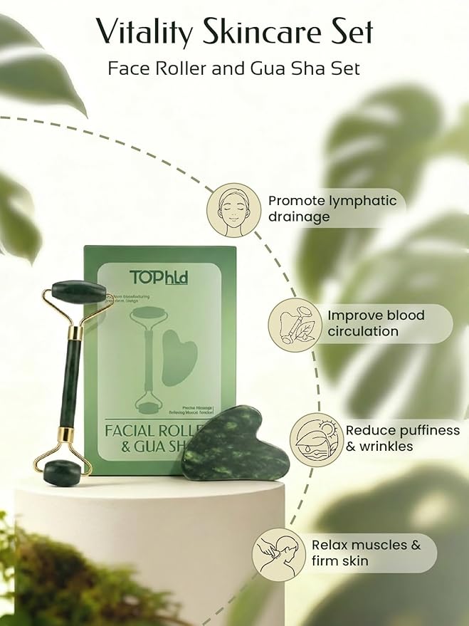 Face Roller & Gua Sha Facial Tools, Face Massager for Self Care, Jade Roller for face, Jawline Sculpting and Puffiness Reducing