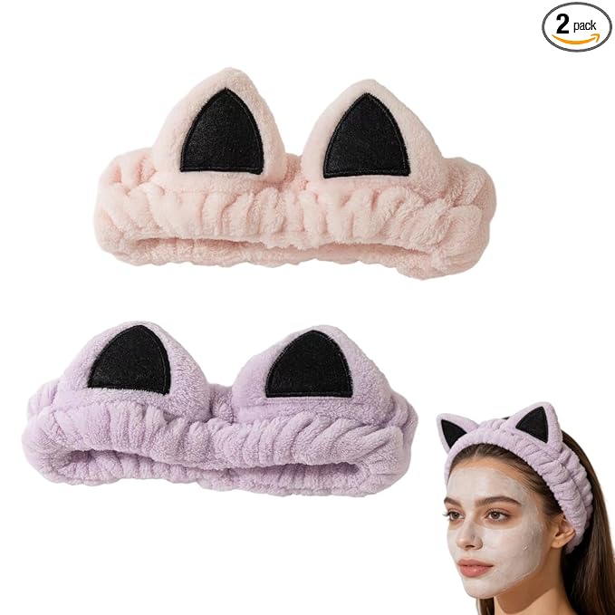 2 PCS Cute Cat Ear Spa Headband For Washing Face, Skincare Makeup Headbands For Women, Soft Coral Fleece Hair Accessories (Pink+Purple)