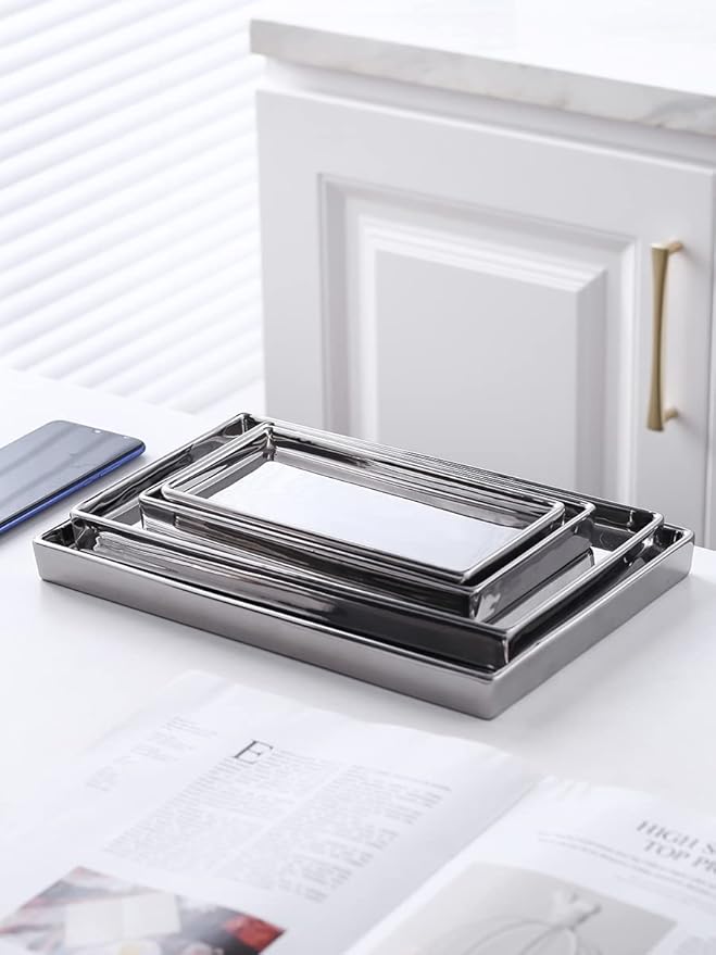 Jewelry Holder Ceramic Trinket Tray Rectangte Vanity Makeup Mirror Tray Silvery Small