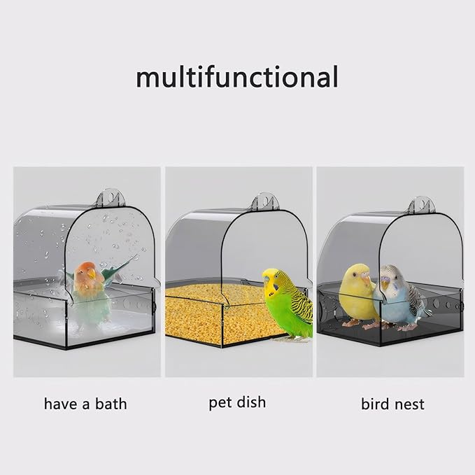 Bird Bath for Cage with Pull-Out Drawer, Grey Translucent Parakeet Bath Box for Inside Cage Use, No-Mess Enclosed Tub for Budgie, Canary, Lovebird, Finch, 6.1 x 5.1 x 6 Inches (Gray)