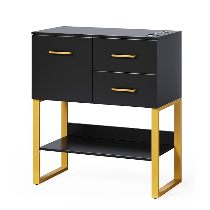 OmySalon Professional Barber Station, Salon Stations for Hair Stylist, Storage Cabinet with 3 Hair Dryer Holders, 2 Drawers, Hairdressing Organizer Table for Beauty Spa Barbershop Home, Black Gold