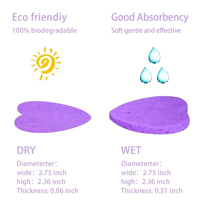 100-Count Compressed Facial Sponges for Estheticians Heart Shape Natural Cellulose Sponge Professional Cosmetic Spa Sponges for Face Cleansing, Massage, Pore Exfoliating, Mask, Makeup Removal, Purple