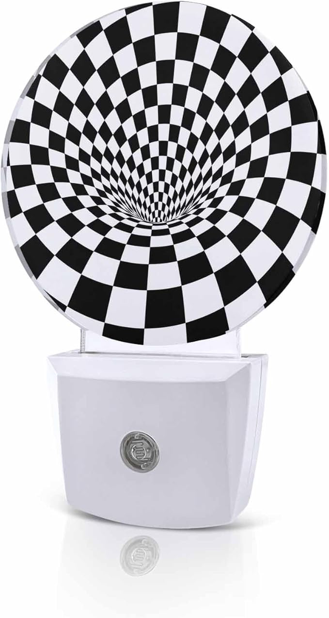 Night Lights Auto Sensor Black White Checker Night Light 3D Abstract Mosaic Tiles Round Lamp Plug-in LED Nightlights Dusk to Dawn for Living Room Bedroom Bathroom Hallway Wall Decor