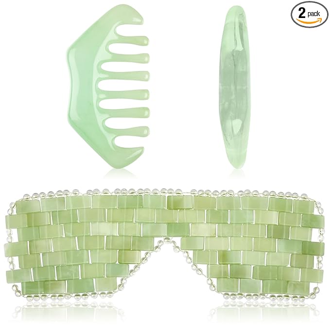 Hercicy 2 Pcs Jade Eye Mask and Hair Comb Set Green Jade Stone Eye Mask White Facial Cooling Set Guasha Scalp Comb Facial Massage Tool for Relax Alleviate Puffiness Esthetician Supply (Classic Color)