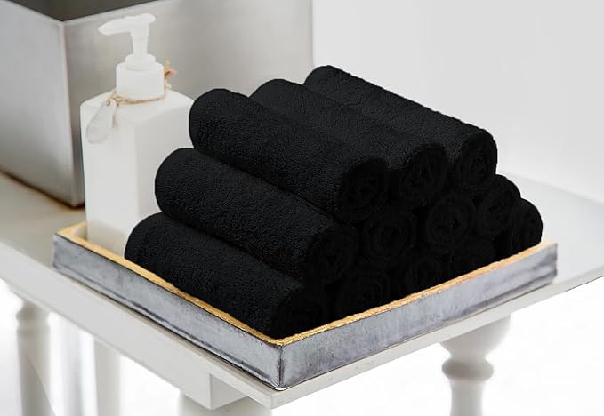 Avalon Towels Cotton Washcloths – (Pack of 48) Size 12x12 Inches, 100% Ring Spun Cotton, Soft & Absorbent Face Towels, Gym Towels, Hotel and Spa Quality, Reusable Fingertip Towels (Black)
