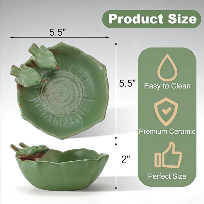 2 Pack Ceramic Bird Bath for Outdoors, 5.5" Ground Birds Bath Bowl for Outside, Heavy Duty Wild Bird Feeders, Feeding Tray Food Holder for Balcony Garden Lawn Patio Decor Tabletop, Green