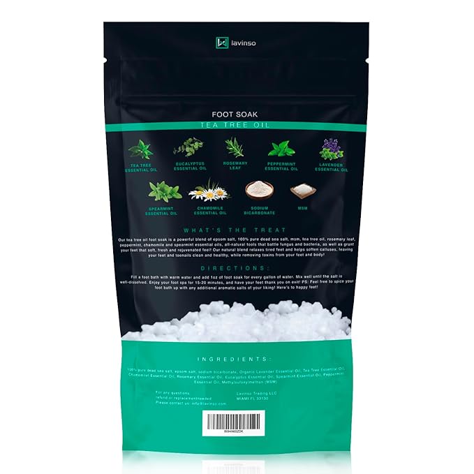 Tea Tree Oil Foot Soak with Epsom Salt - Made in USA - for Toenail Health, Athletes Foot, Stubborn Foot Odor, Softens Calluses & Soothes Sore Tired Feet - 2 LB