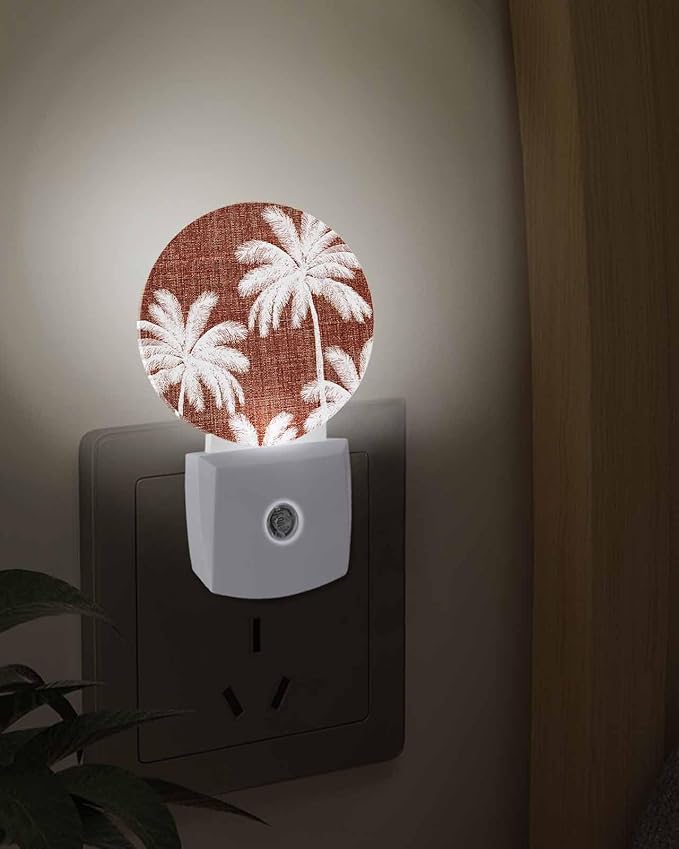 Night Lights Auto Sensor Tropical Palm Trees Night Light Brown Linen Coastal Round Lamp Plug-in LED Nightlights Dusk to Dawn for Living Room Bedroom Bathroom Hallway Wall Decor
