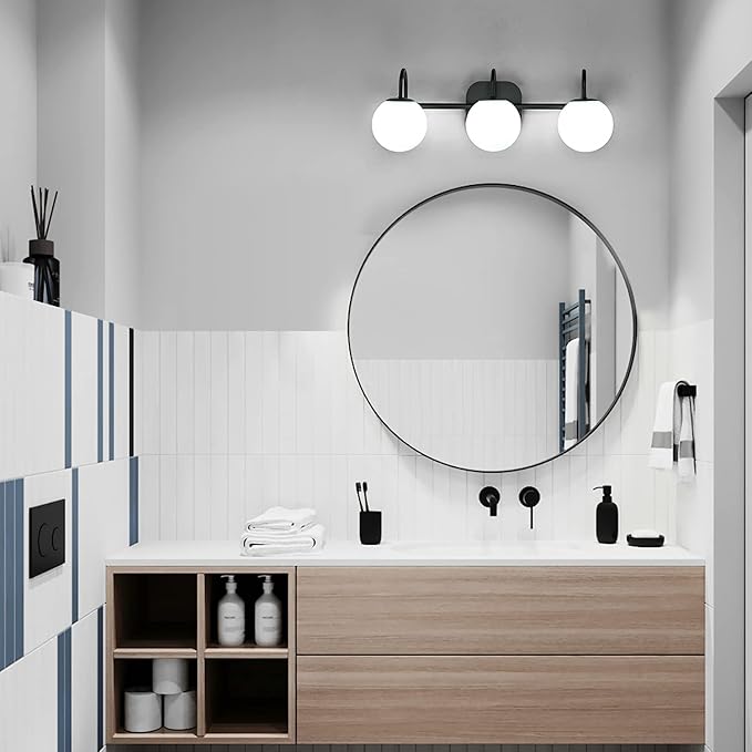 Modern Black Bathroom Vanity Light Fixtures 3 Lights Frame and Milk White Glass Globe Shade Modern Wall Sconce Lighting Bath Vanity Lights Bar Over Mirror (Exclude G9 Bulb)