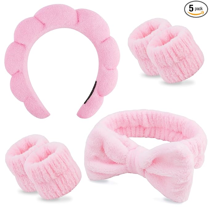 Chanaco Spa Wristband and Pink Puffy Sponge Makeup Headband Set for Face Washing, Skin Care, Teen Girl Gifts