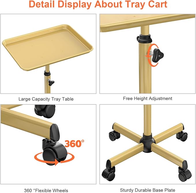 Salon Tray Cart Tattoo Tray Rolling Cart, Service Rolling Tray, Height Adjustable Styling Tray, Storage Tray Trolley for Beauty Salon Clinic Spa (Champagne Gold)