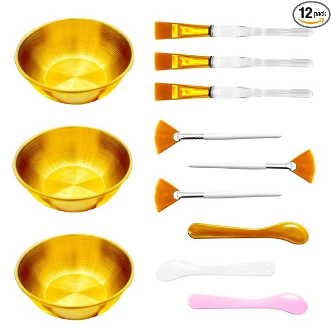 12Pcs Esthetician Facial Supplies 3 Gold Facial Bowls 3 Mud Mask Applicators 3 Fan-Shaped Brushes 3 Flat Brushes - Facial Bowl and Brush Set & DIY Face Mask Mixing Tool Kit (large)