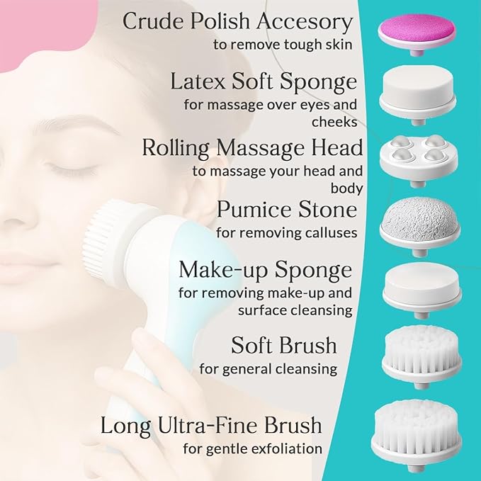 Facial Cleansing Brush Face Scrubber, 7-in-1 Electric Spin Cleanser Brushes with 6 Brush Heads for Deep Cleansing, Gentle Exfoliating, Removing Blackheads, Massaging (White & Aqua Blue)