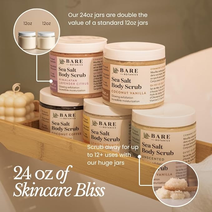 Bare Botanics Unscented Body Scrub 24 oz - Naturally Scented Sea Salt Scrub Made in Madison, WI - Formulated w/Skin Loving Moisturizers - Vegan, Cruelty Free Exfoliator w/a Cute Wooden Spoon
