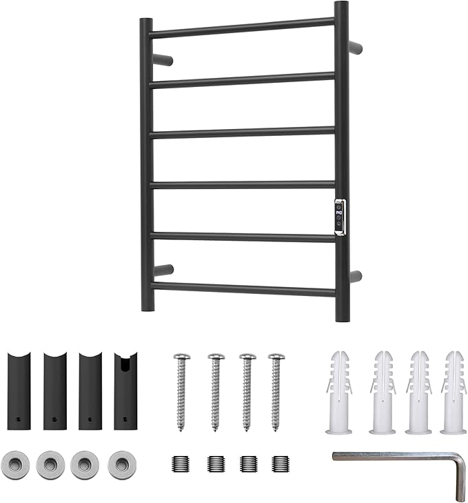 Heated Towel Racks for Bathroom, Wall Mounted Electric Towel Warmer Racks with Timer & Temperature Control, 6 Bar Stainless Steel Towel Heater for Bathroom, Black, Plug-in
