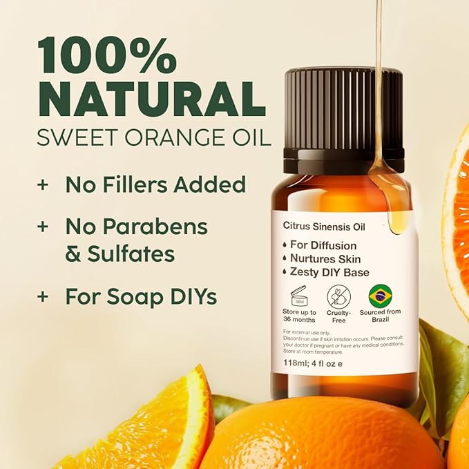 100% Pure Sweet Orange Oil - 0.34 Fl Oz Sweet Orange Essential Oil for Hair, Skin, Diffuser, Aromatherapy & DIY Soap Making Scent