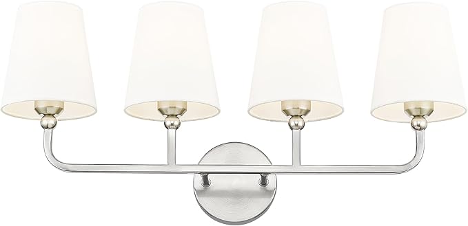 Bathroom Light Fixtures, 4 Light Vanity Lights with Flared White Fabric Shade, 28 Inch Brushed Nickel Wall Sconce, Modern Sconces Wall Lighting for Hallway Bedroom, VL837-BN-4