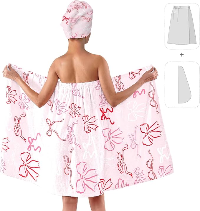 Pink Bow Bath Wrap with Hair Drying Cap – Microfiber Quick Dry Shower Skirt and Absorbent Turban Towel Set for Women Spa Gym Travel Dorm (Bow 8)