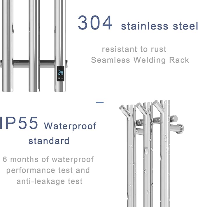 Electric Heated Towel Rack with Timer, Wall-Mounted Towel Warmer, 3 Vertical Bars, Plug-in or Hardwired, 38 Inch Height, Round Design (Silver)