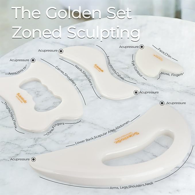 Scienlodic 4 Pcs Gua Sha Massage Tools for Face & Body (White, Resin) - Guasha Scraping Tool for Jawline Contouring, Puffiness Reduction, Neck, Back, Legs & Muscle Relaxation