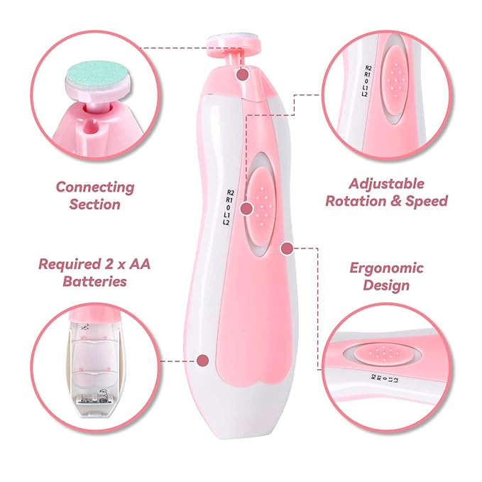 Qunlions life Baby Nail Trimmer File with Light - Safe Electric Nail Clippers Kit for Newborn Infant Toddler Kids Toes and Fingernails - Care, Polish and Trim - Battery Operated (AA), Pink