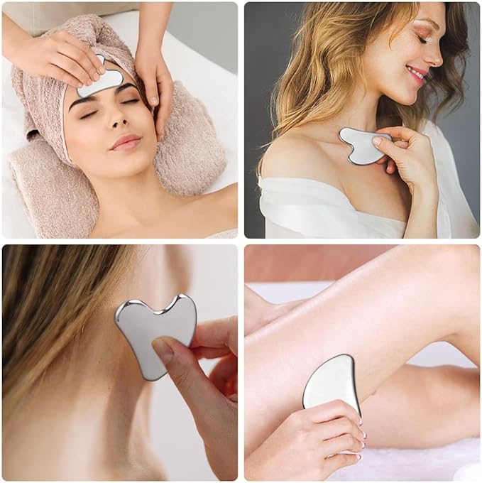 URAQT Stainless Steel Gua Sha Facial Tools Guasha Tools for Face Skin Care Body Gua Sha Tools Tighten Skin Massage Tools for Puffiness Reducing & Jawline Sculpting Face Stone Gua Sha Tools (Silver)