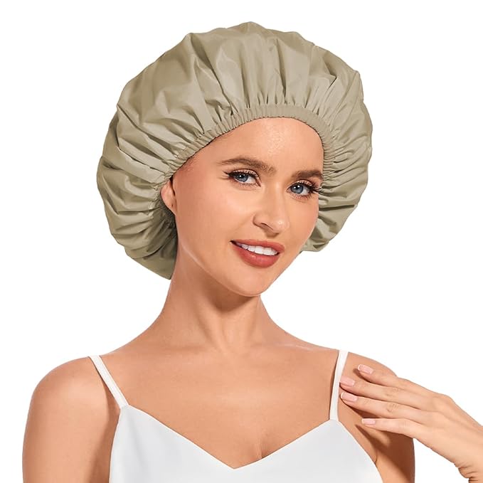 Shower Cap for Women Waterproof Reusable, Large Shower Cap Non-Slip with Elastic Band, Washable Bath Hair Hat for Long Hair, Braids (Brown)