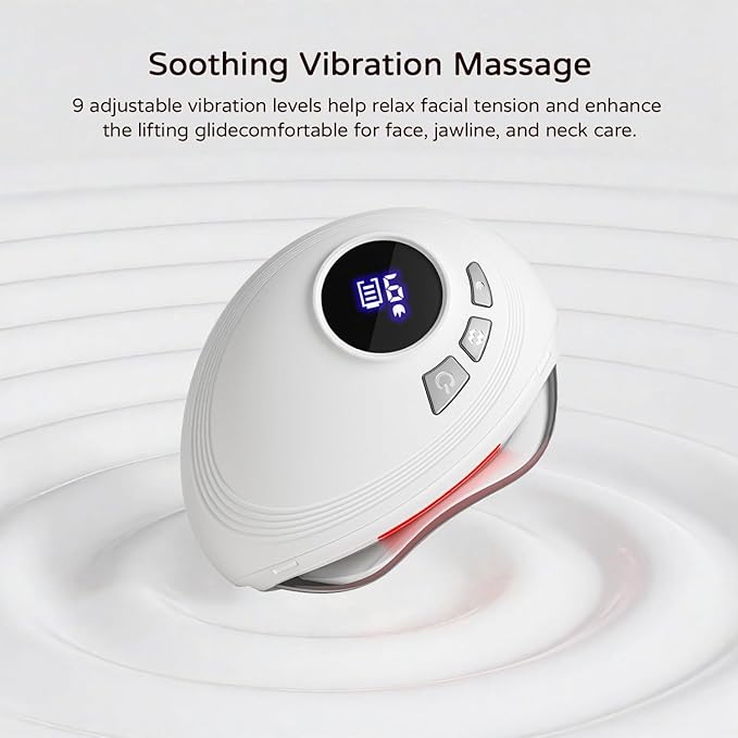 Professional LED Red Light Gua Sha Massager, 9-Level Adjustable Face and Neck Sculptor for Skin Firming, Jawline Contouring & Serum Absorption, Portable Metal Facial Skincare Tool - White