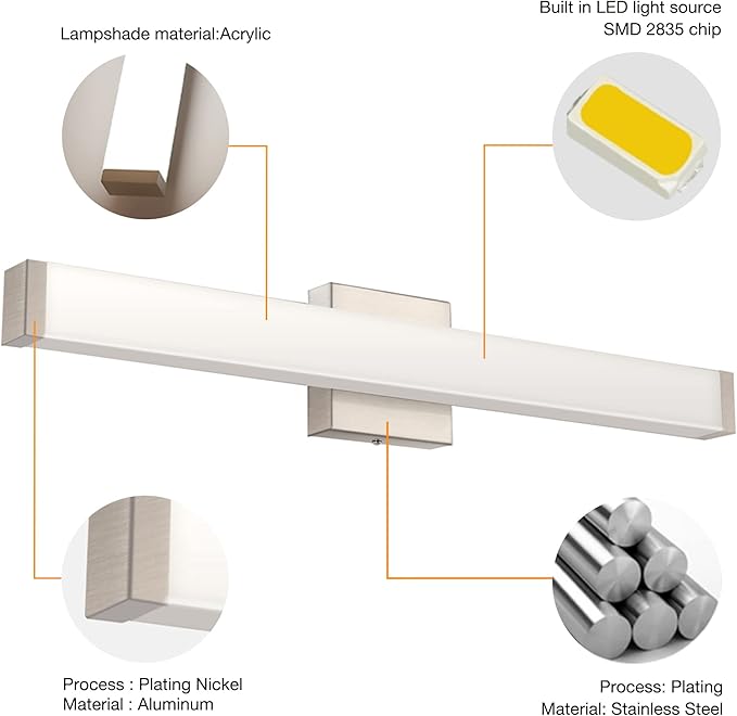 Bathroom Vanity Light Brushed Nickel Square LED 24 inch 14W 4000K Natural White Light Wall Bar Lighting Fixtures Over Mirror (Brushed Nickel, 24 inch 5CCTDimmable)