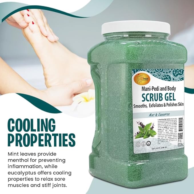 SPA REDI - Exfoliating Scrub Pumice Gel, Mint and Eucalyptus, 128 Oz - Manicure, Pedicure and Body Exfoliator Infused with Hyaluronic Acid, Amino Acids, Panthenol and Comfrey Extract