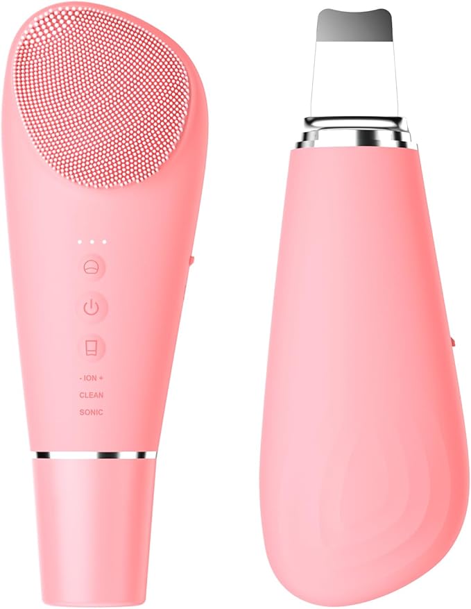 Silicone Face Scrubber Blackhead Scraper Rechargeable 2-in-1 Facial Cleansing Brush & Skin Spatula Duo, IPX7 Waterproof Exfoliating Massager Deep Cleansing for Women and Men(Peachy Pink)